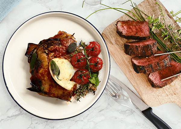 Aubergine Parmigiana, bœuf grillé