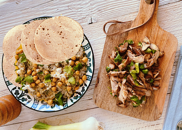 Aubergine baba ganousch, wholegrain flat bread, kebab style chiken