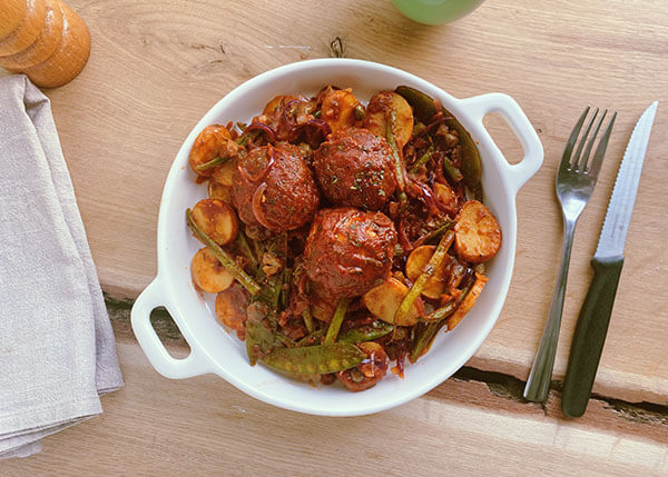 Lamb and beef meatballs all'arrabbiata, grenaille potatoes