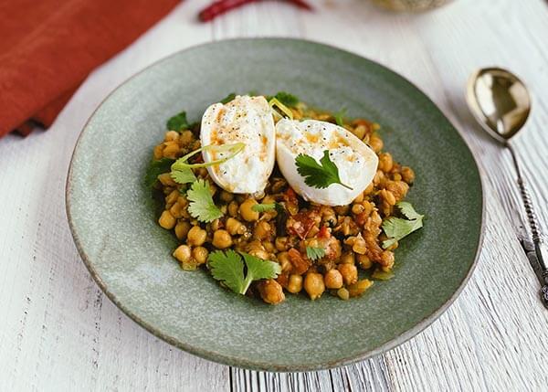 Chana Masala, chickpeas and coral lentils, mozzarella cheese