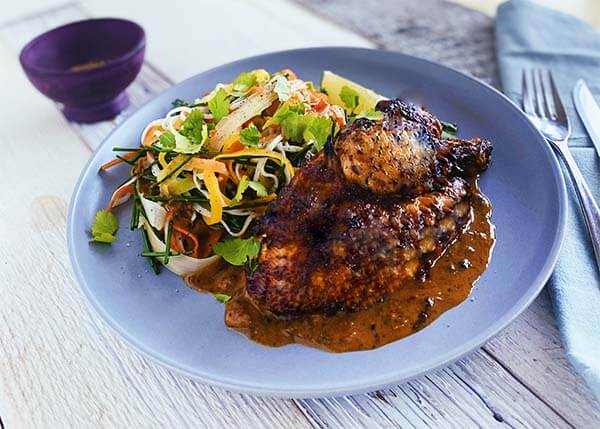 Piri Piri Nikkei cockerel, vegetable tagliatelle