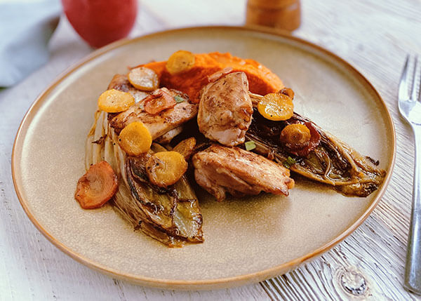 Soft lemon chicken, carrot mousseline and orange endives