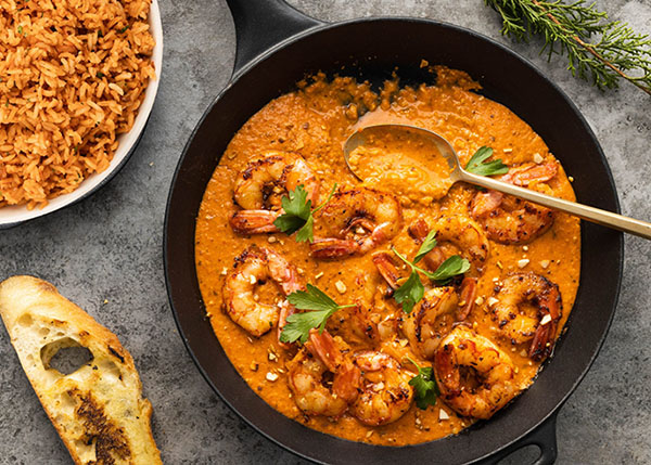 Spanish-style prawns, creamy red pepper sauce