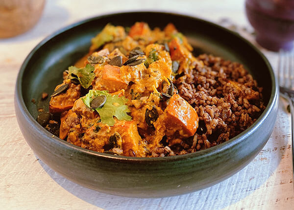 Pumpkin paneer curry, mushroom and  brown rice