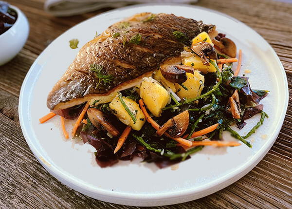 Daurade, ragoût terre et mer aux algues, pommes de terre et champignons grillés