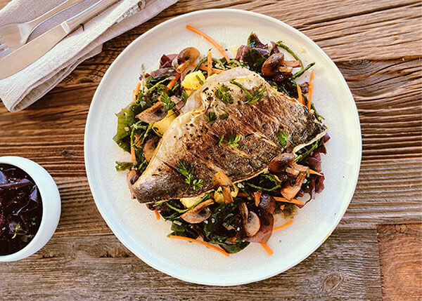 Goldbrasse, Land- und Meereskokotte mit Algen, Rüben und gegrillten Pilzen