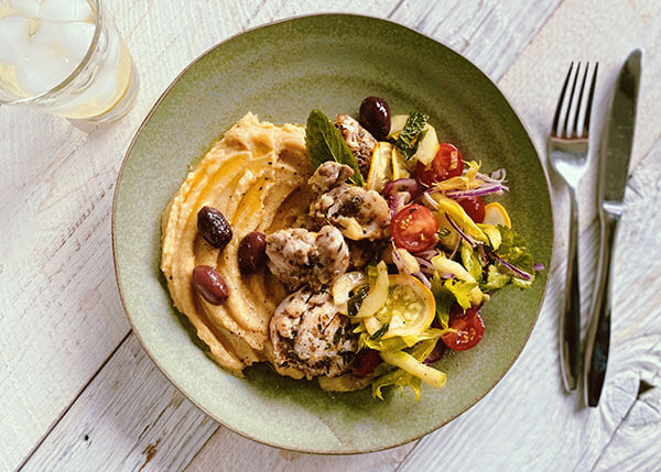 Greek Fava, marinated chicken with crunchy vegetables