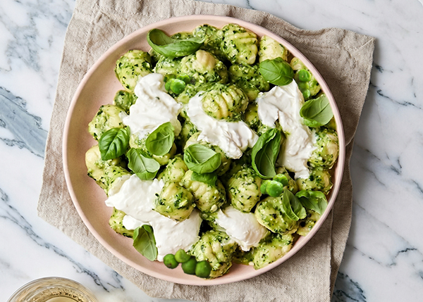 Gnocchi with green pea pesto and creamy Burrata