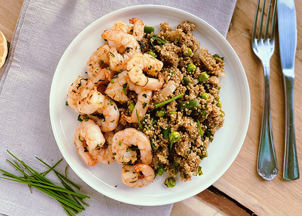 Prawns persillade, quinoa, peas, mint and rhubarb tabbouleh style