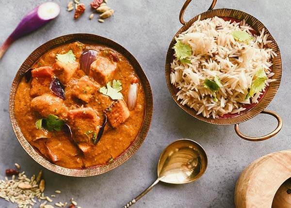 Paneer tikka masala, riz à l'indienne