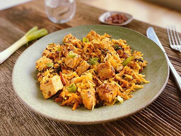 Nasi goreng, carrot and cashew and tempeh