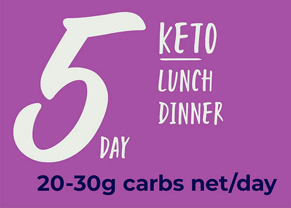 5-tägige KETO-Mittag- und Abendessen. 20–30 g Carbs Netto/Tag5 KETO-Mittag- und Abendessen. 20–30 g Carbs Netto/Tag