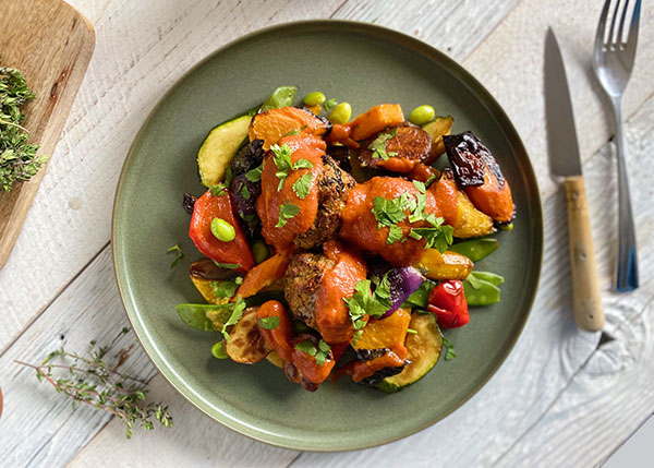 Lamb and beef meatballs with Arrabbiata tomato sauce, grilled summer vegetables