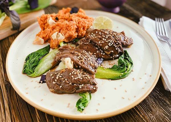 Duck with basil and ginger, fine carrot and sweet potato mousseline