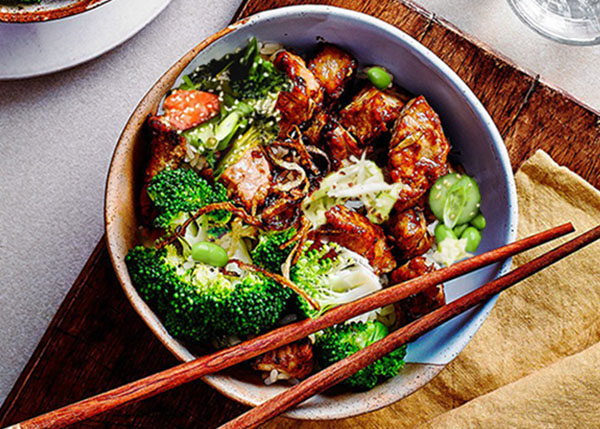 Sautéed vegetables, teriyaki pork and sesame