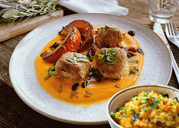 Chicken keftas with mint, coriander and pumpkin cooked in 2 ways and rice