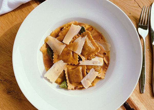 Venison ravioli with red wine sauce