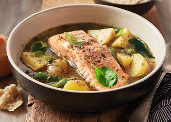 Roasted salmon in a fish and potato broth perfumed with algues