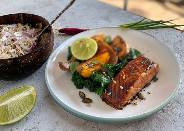 Teriyaki salmon, roasted butternut squash and seeds with rice