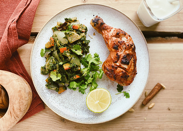 Tandoori chicken with seasonal Indian style vegetables
