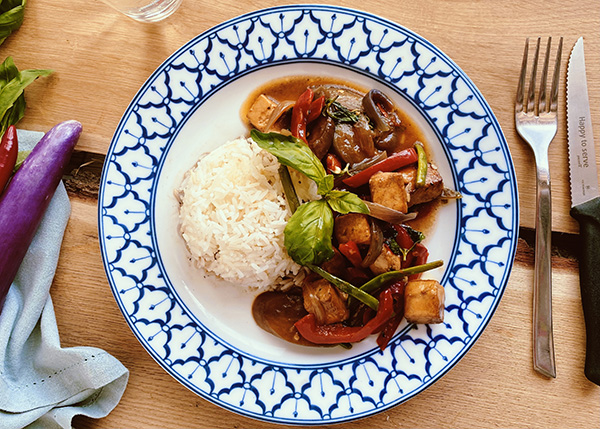 Pad Kaprow with tofu, Thai basil and fragrant rice