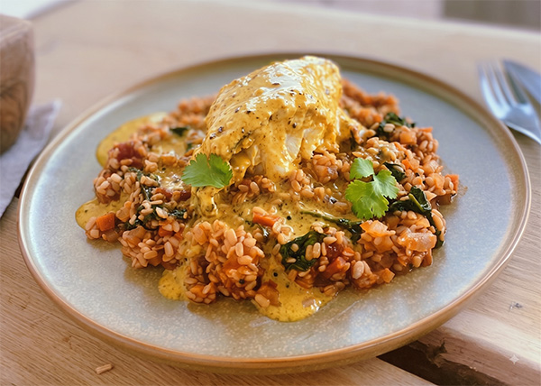 Urid dal, coconut cod curry