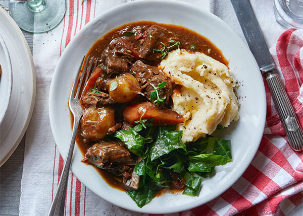 Beef bourguignon with mashed celery and chives