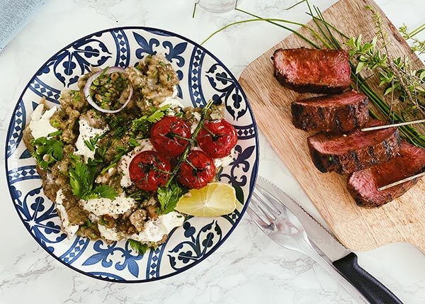 Marinated butcher's cut, aubergine baba ganousch and tomato confit