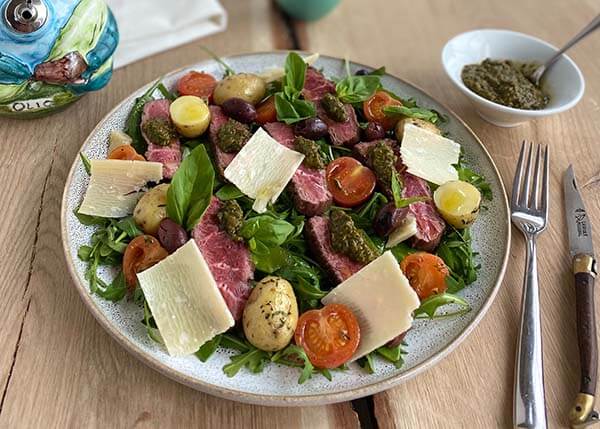 Beef Tagliata, young potatoes, salad and Chimichurri sauce