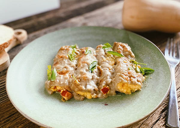 Pumpkin cannelloni with trumpet mushroom béchamel