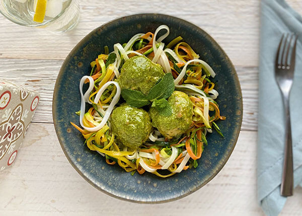 Chicken keftas with mint and coriander, tagliatelle with crispy vegetables