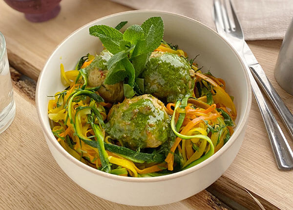 Chicken keftas with mint and coriander, crunchy vegetable tagliatelle