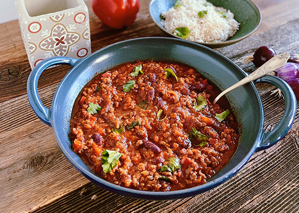 Chili con carne, riz de chou-fleur