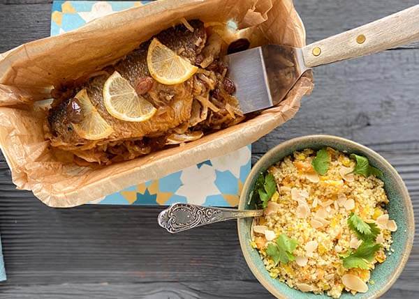 Sea bass tagine "Chermoula", candied lemon, semolina with cinnamon