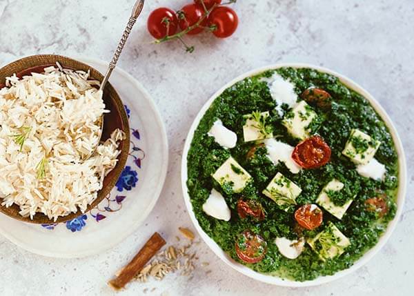 Palak paneer and fragrant Indian rice