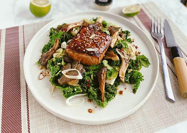 Korean-style pan-fried salmon with kale and oyster mushrooms
