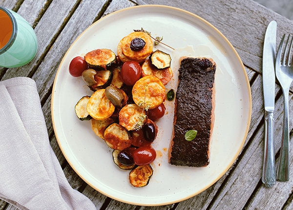 Salmon with Black Olive Tapenade & Tomato-Braised Zucchini