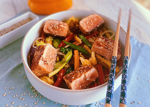 Wok vegetables, teriyaki salmon and sesame