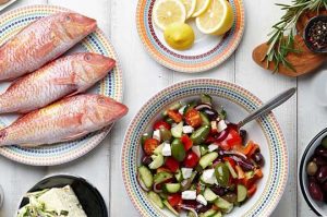 vegetables, fish, olives