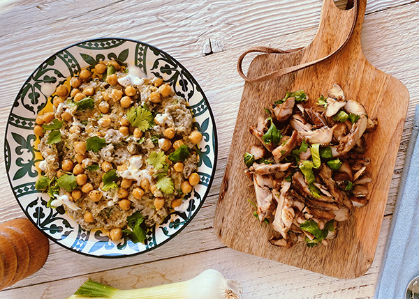 Aubergine baba ganousch au tahini, poulet façon kebab