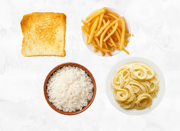 OUT refined starch: white rice, bread, and pasta